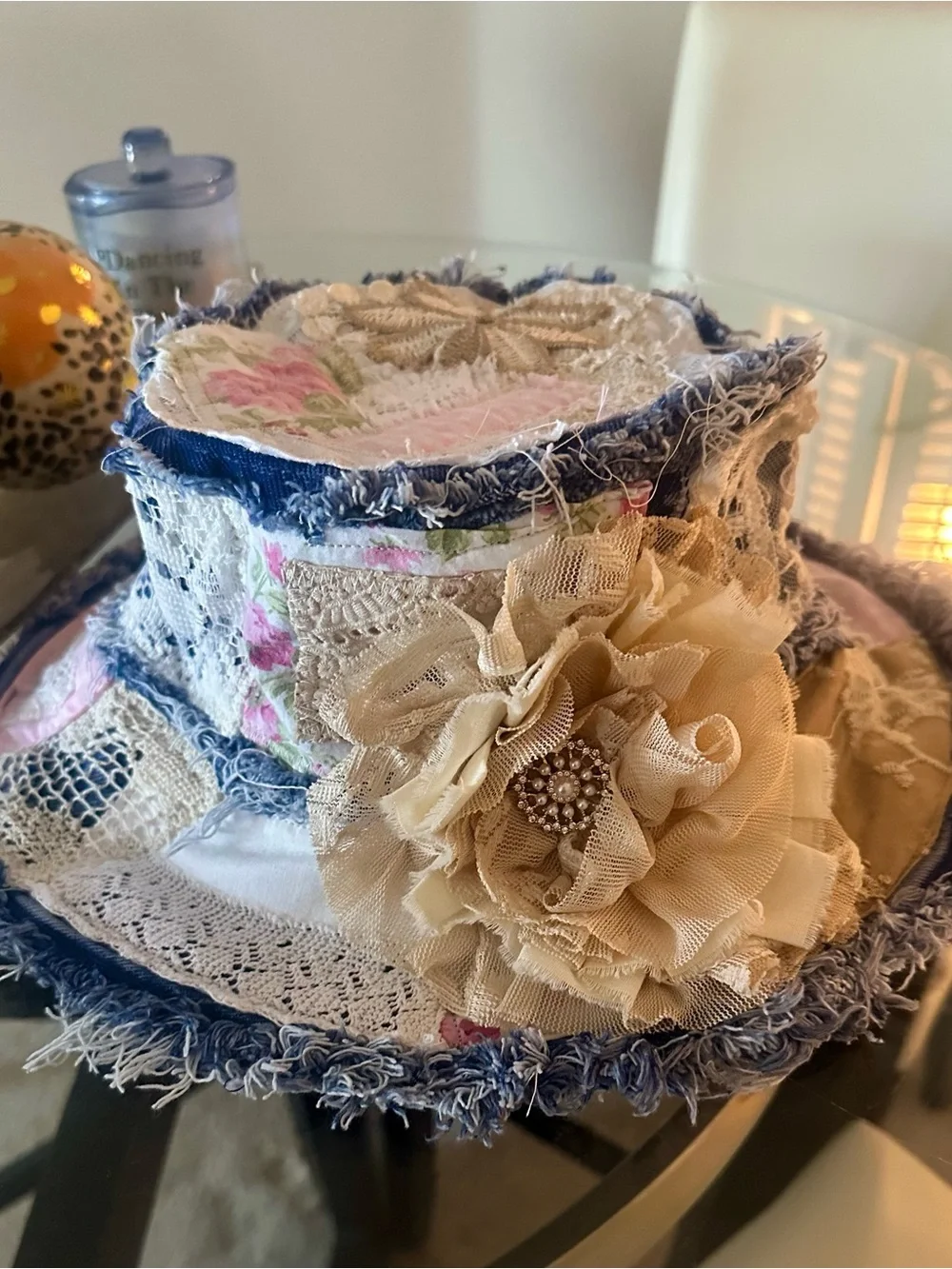 Artisan-made Bohemian Cream Floral Fabric Hat with Frayed Denim Trim
